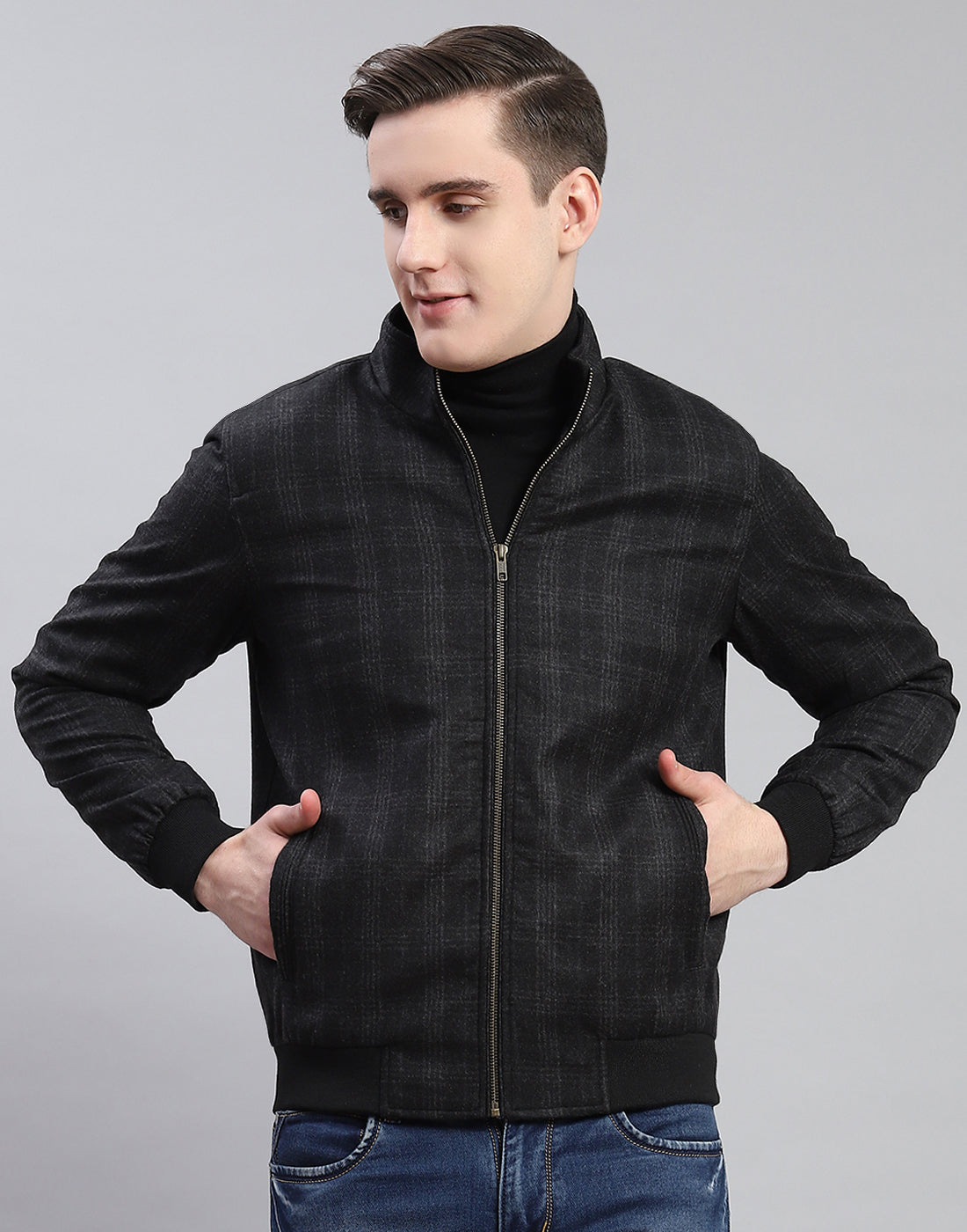 Men Black Check Stand Collar Full Sleeve Coat