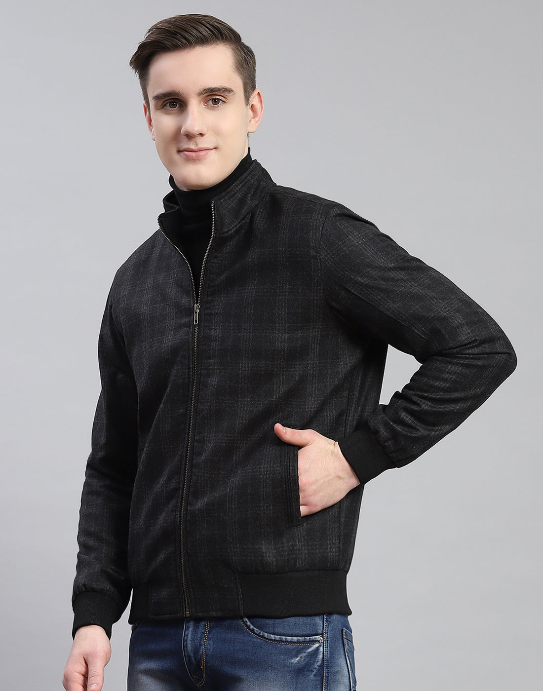 Men Black Check Stand Collar Full Sleeve Coat