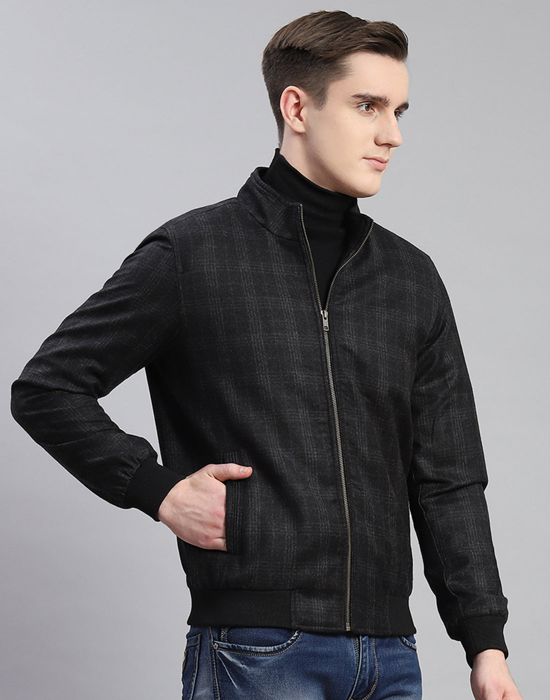 Men Black Check Stand Collar Full Sleeve Coat