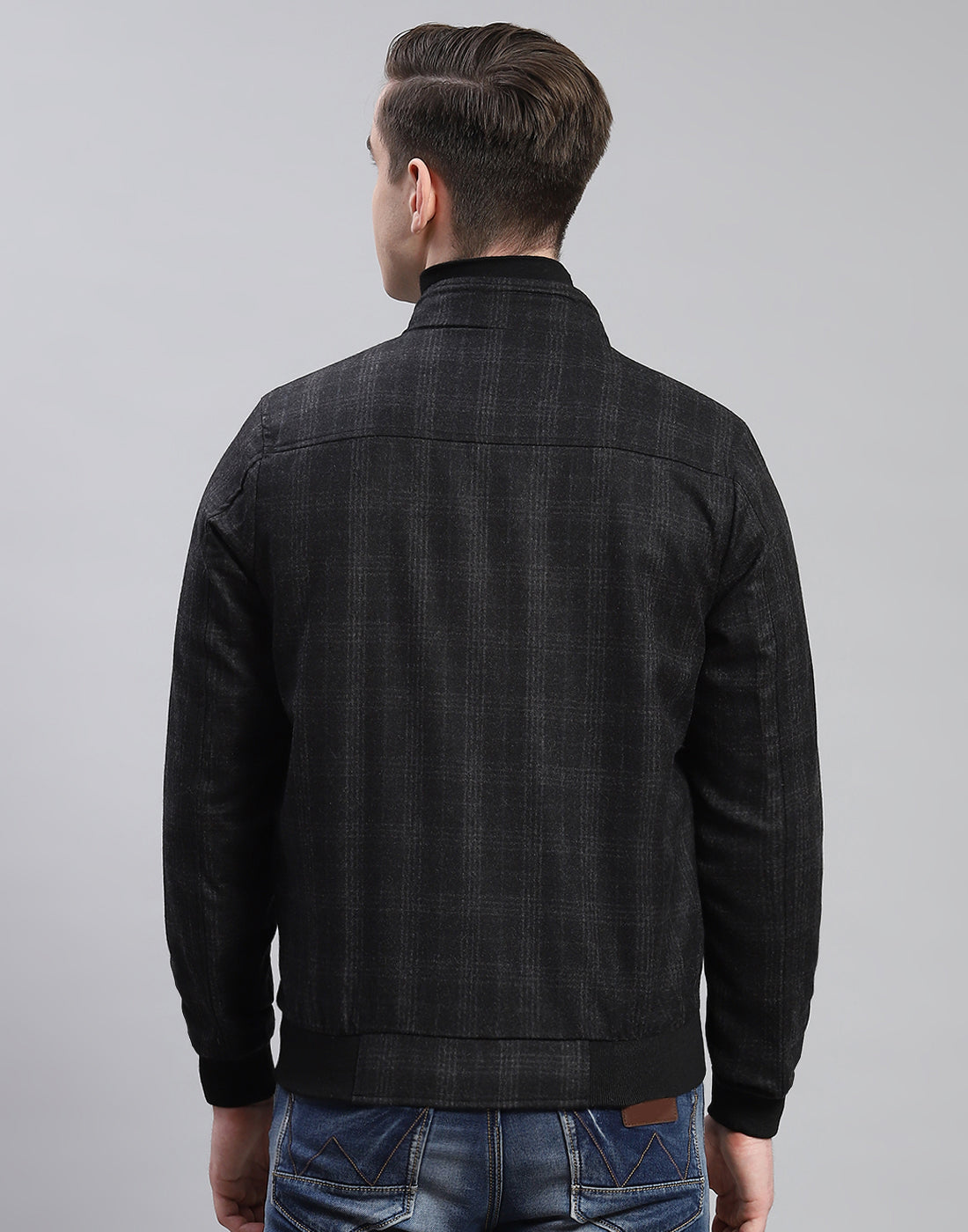 Men Black Check Stand Collar Full Sleeve Coat