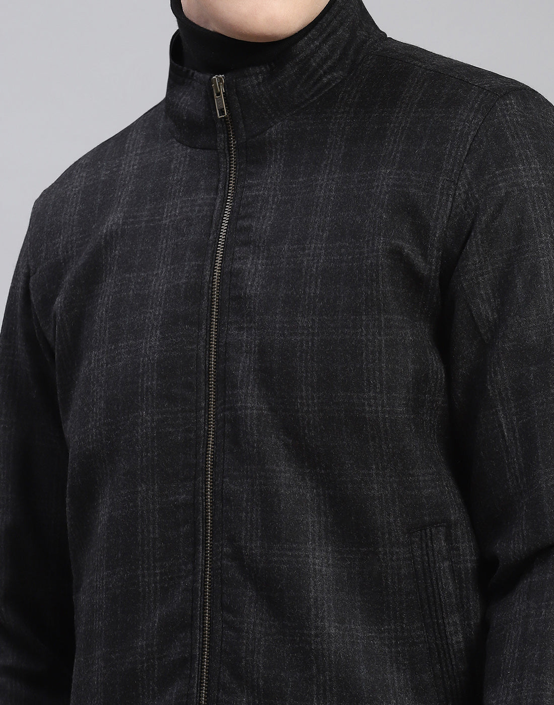 Men Black Check Stand Collar Full Sleeve Coat