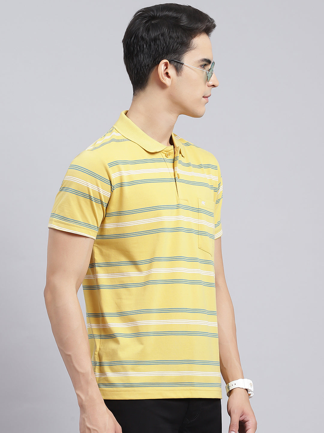 Men Yellow Stripe Cotton Blend T-Shirt