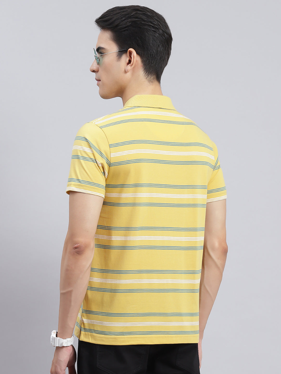 Men Yellow Stripe Cotton Blend T-Shirt