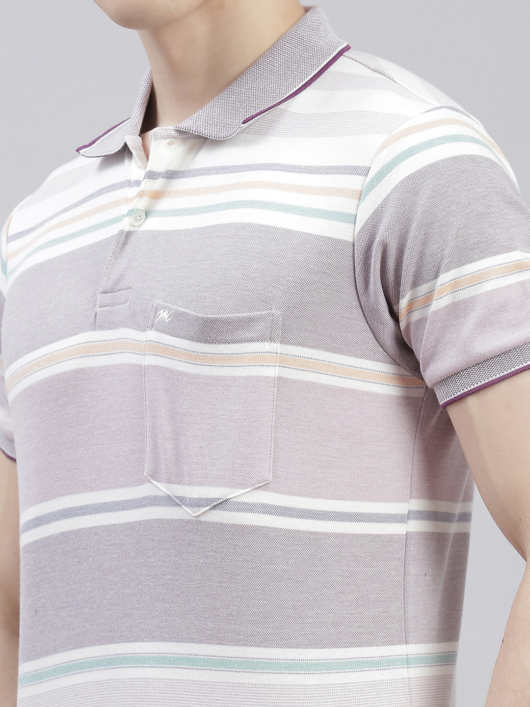 Men Purple Stripe Collar Half Sleeve T-Shirts