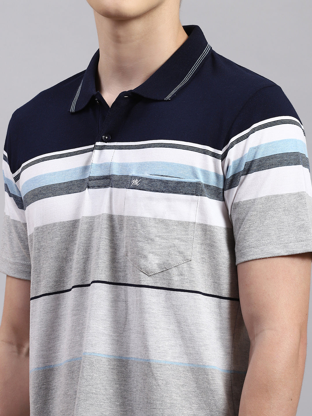 Men Navy Blue Stripe Collar Half Sleeve T-Shirts