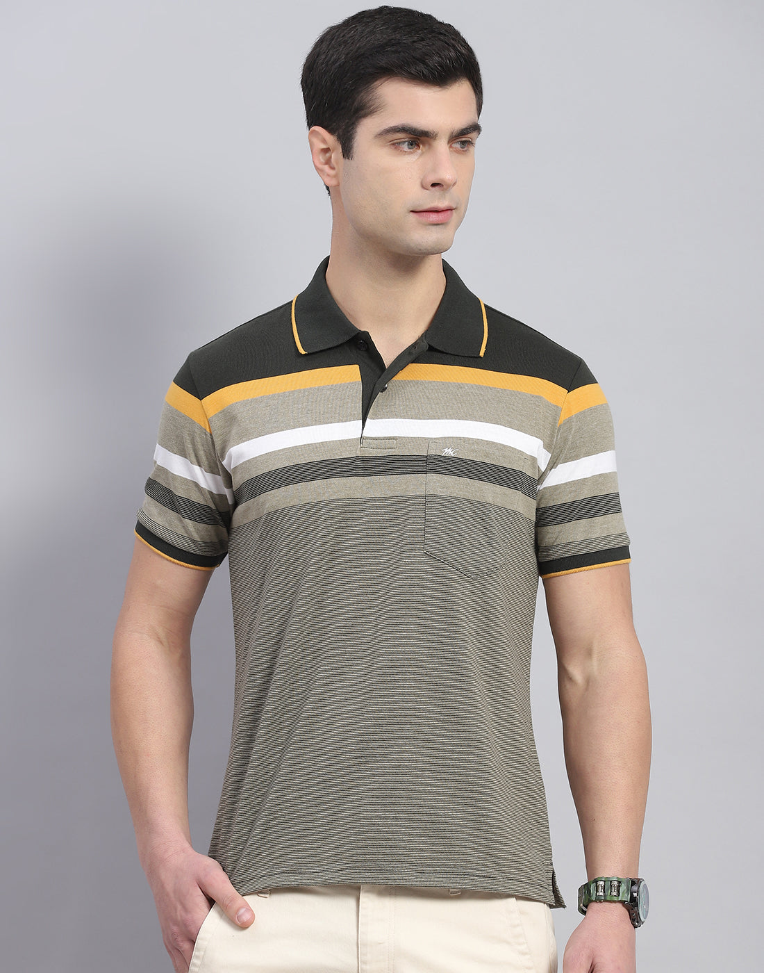 Men Olive Stripe Collar Half Sleeve T-Shirt