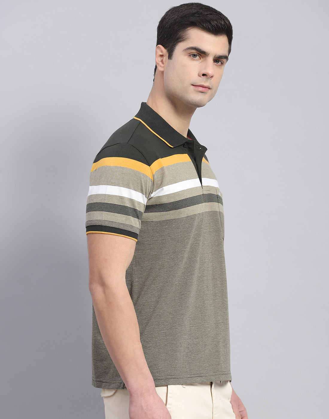 Men Olive Stripe Collar Half Sleeve T-Shirt