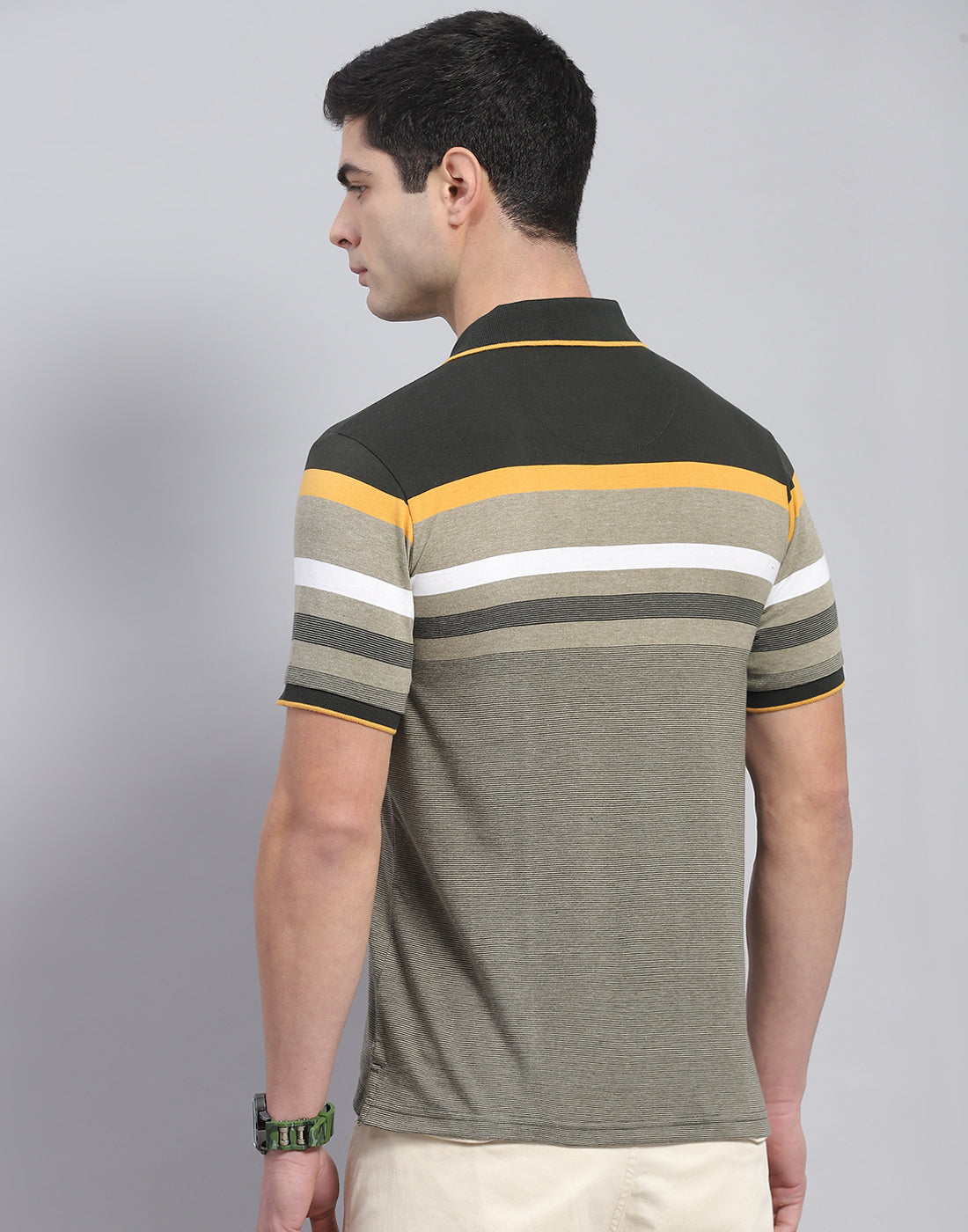 Men Olive Stripe Collar Half Sleeve T-Shirt