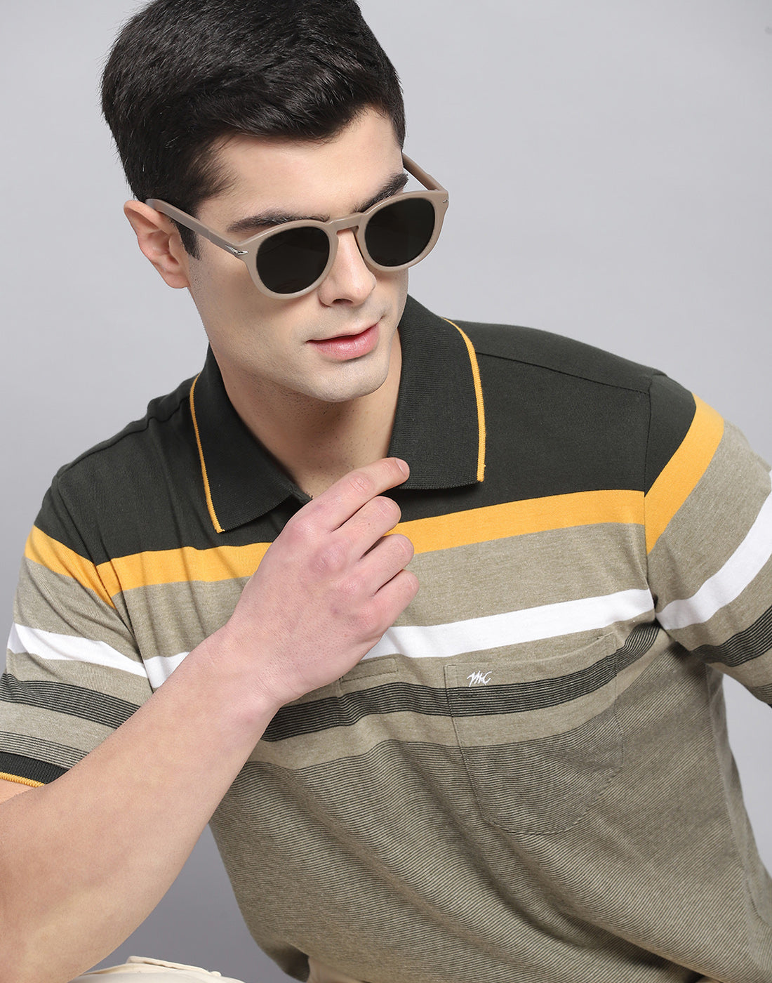 Men Olive Stripe Collar Half Sleeve T-Shirt