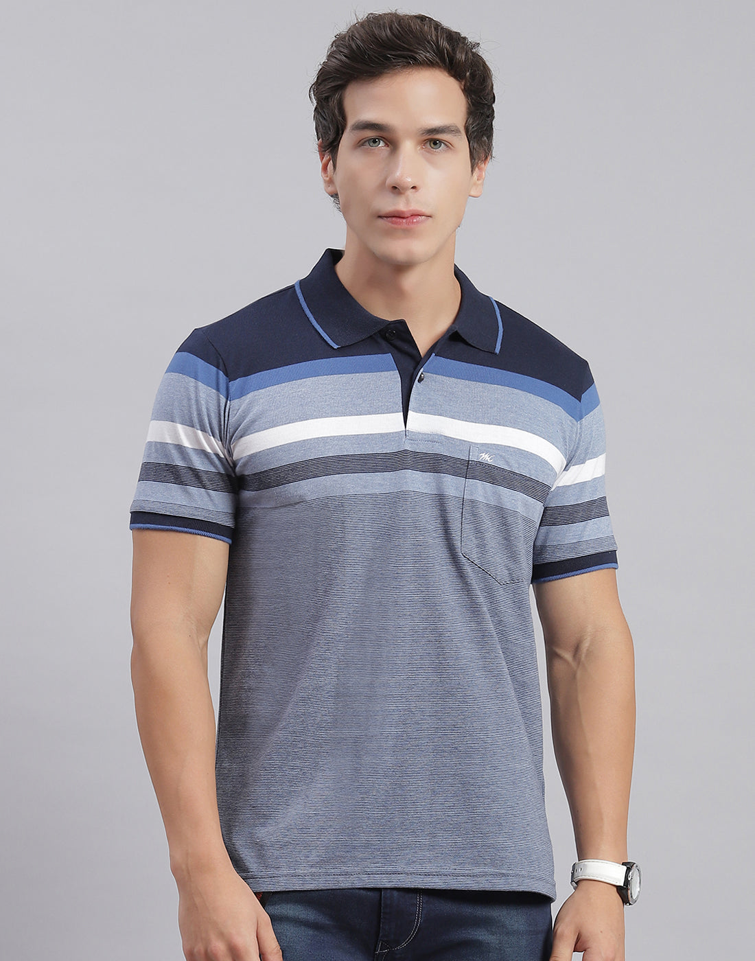 Men Blue Stripe Collar Half Sleeve T-Shirts