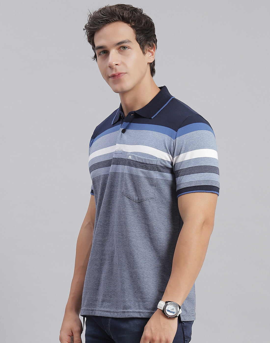 Men Blue Stripe Collar Half Sleeve T-Shirts