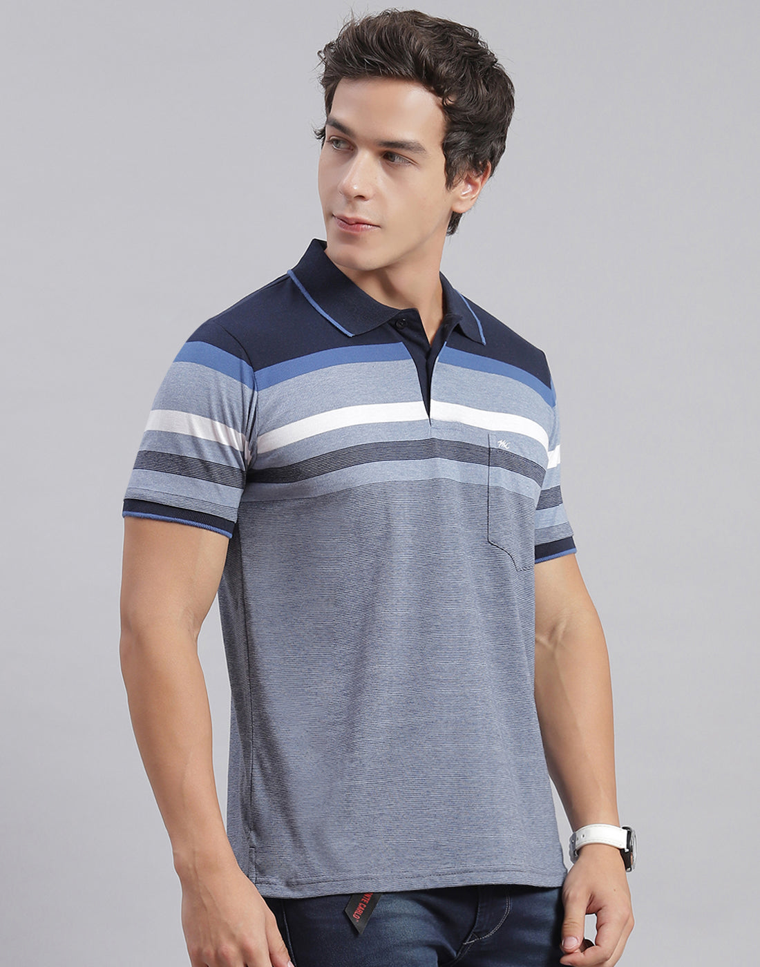 Men Blue Stripe Collar Half Sleeve T-Shirts