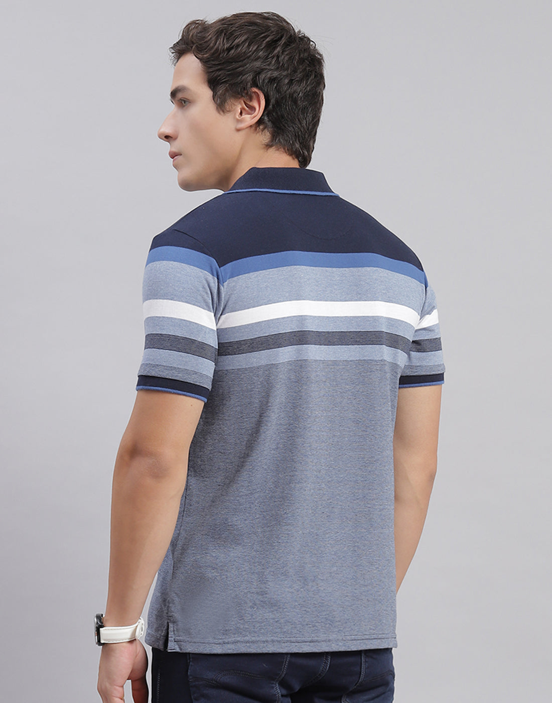 Men Blue Stripe Collar Half Sleeve T-Shirts