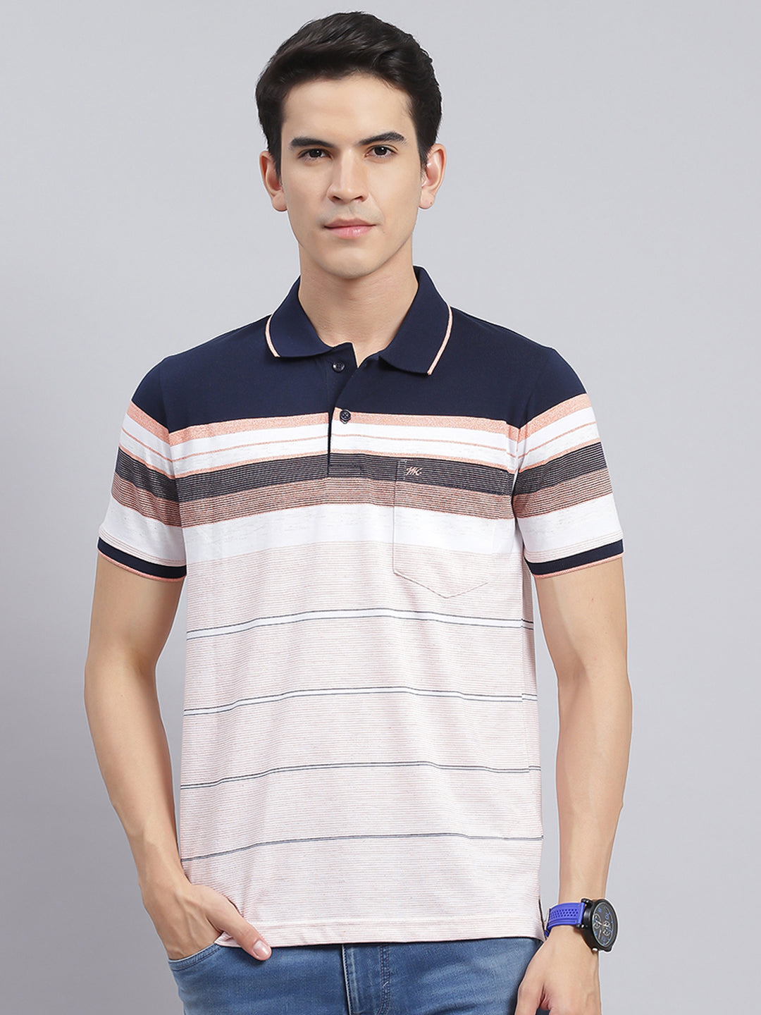 Men Navy Blue Stripe Cotton Blend T-Shirt