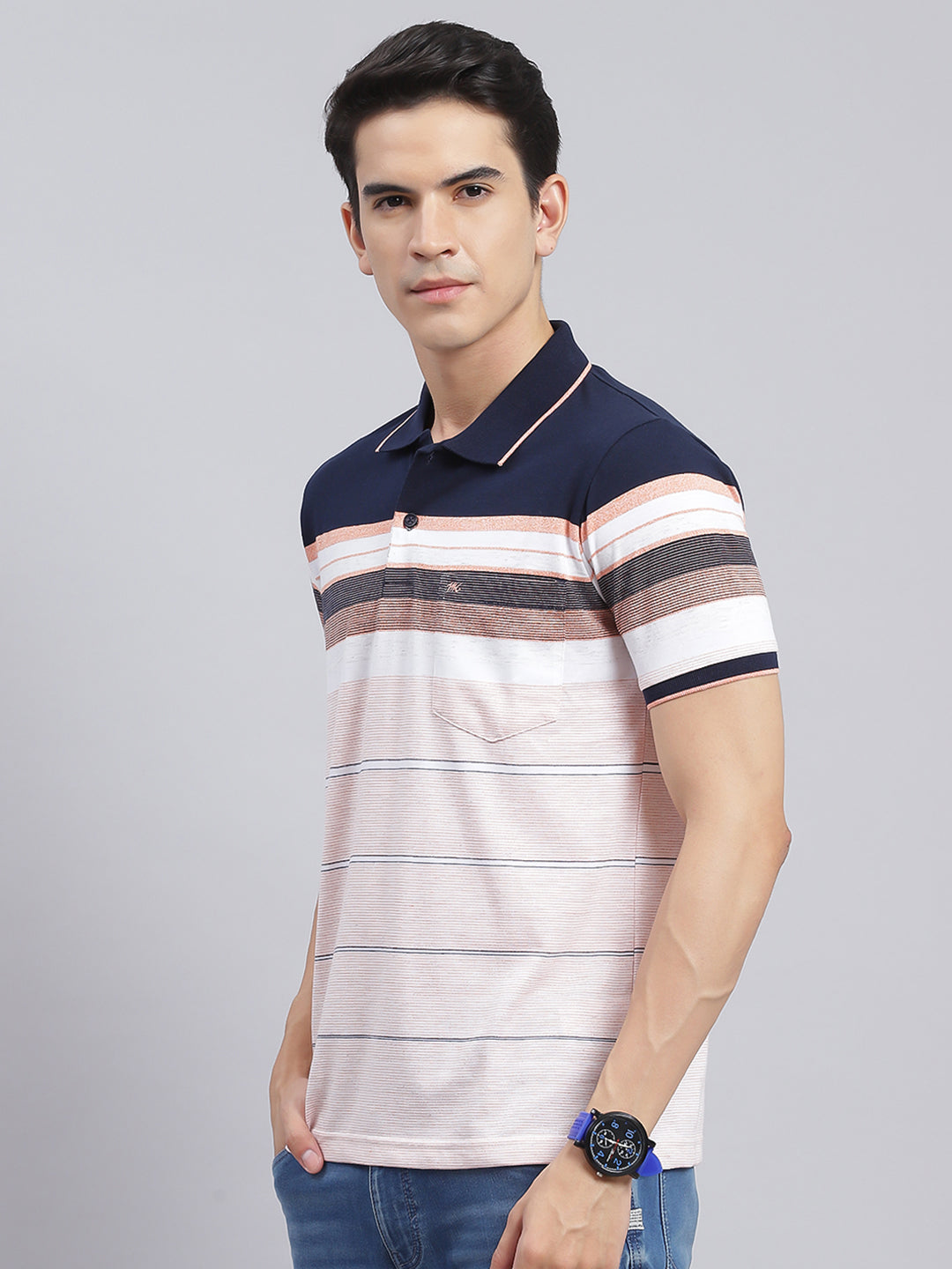 Men Navy Blue Stripe Cotton Blend T-Shirt