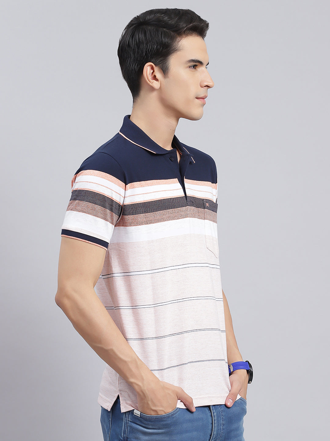 Men Navy Blue Stripe Cotton Blend T-Shirt