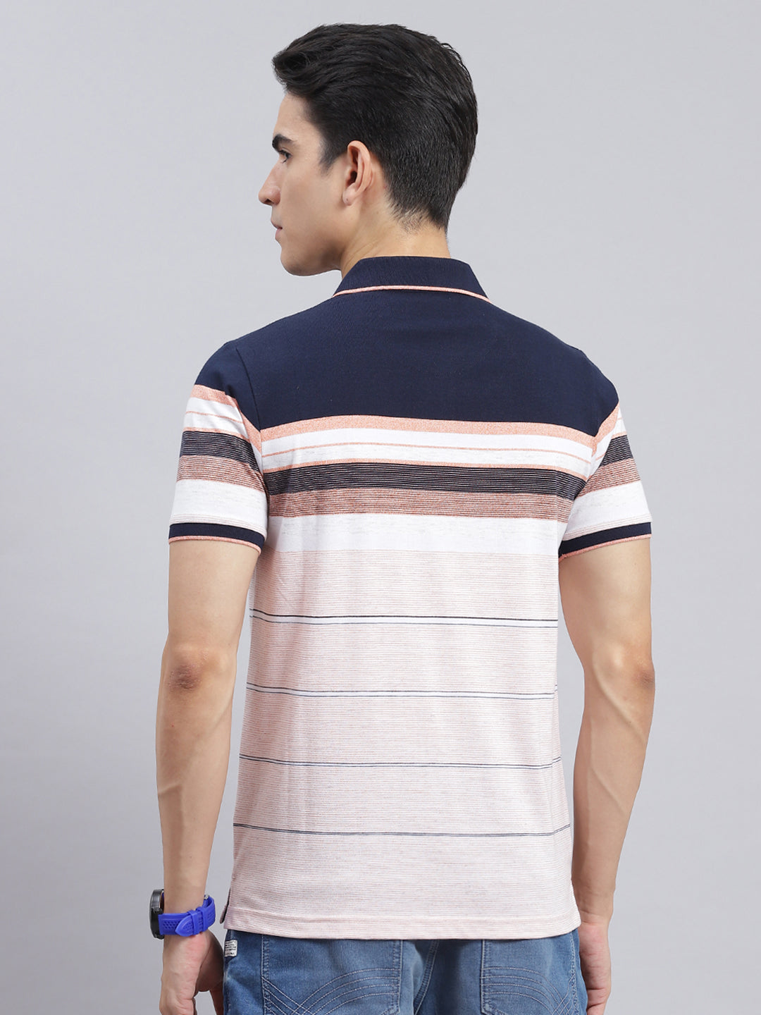 Men Navy Blue Stripe Cotton Blend T-Shirt