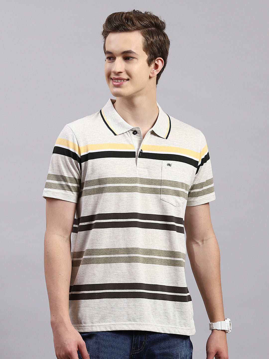 Men Olive Stripe Collar Half Sleeve T-Shirts