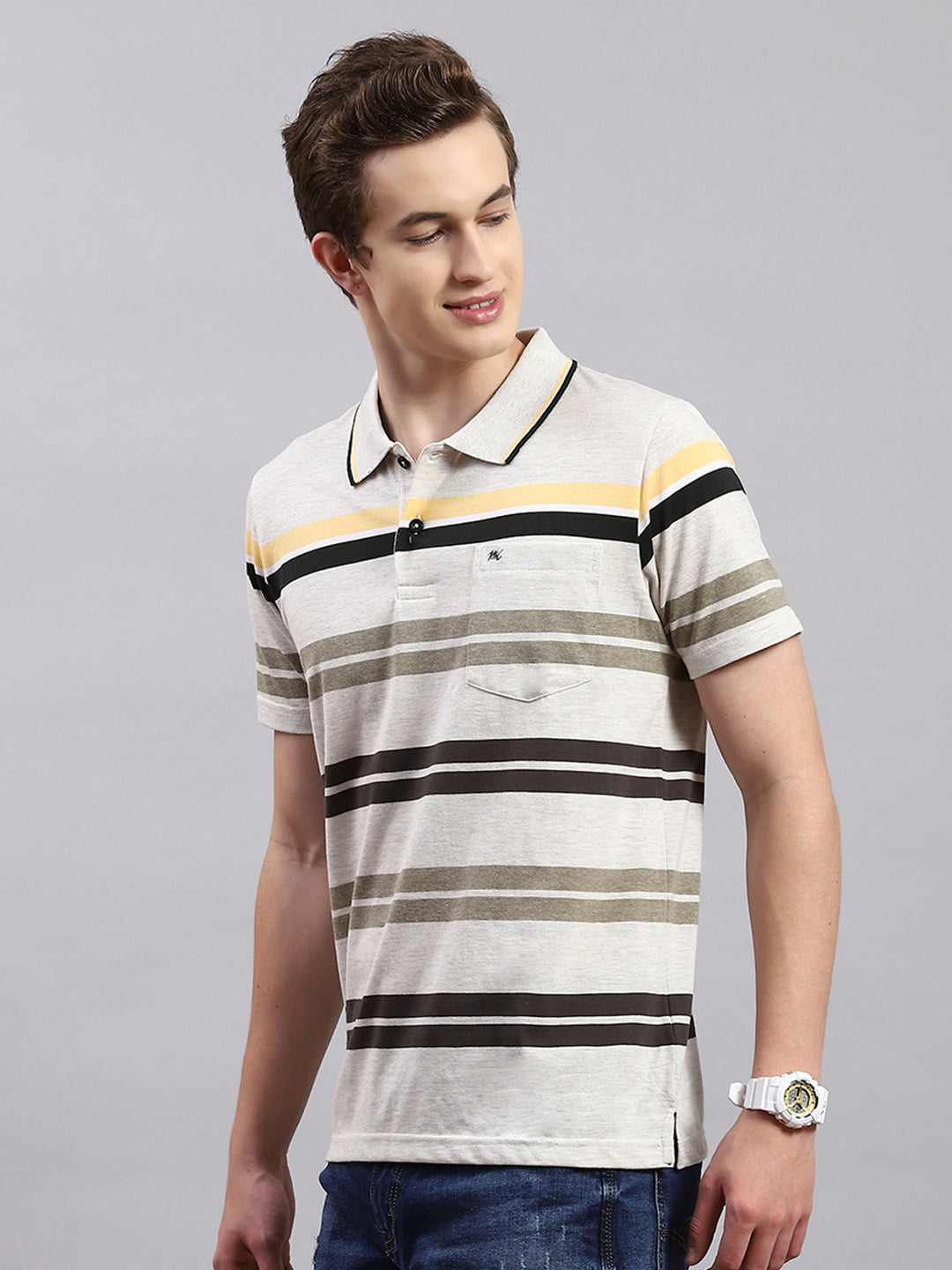 Men Olive Stripe Collar Half Sleeve T-Shirts