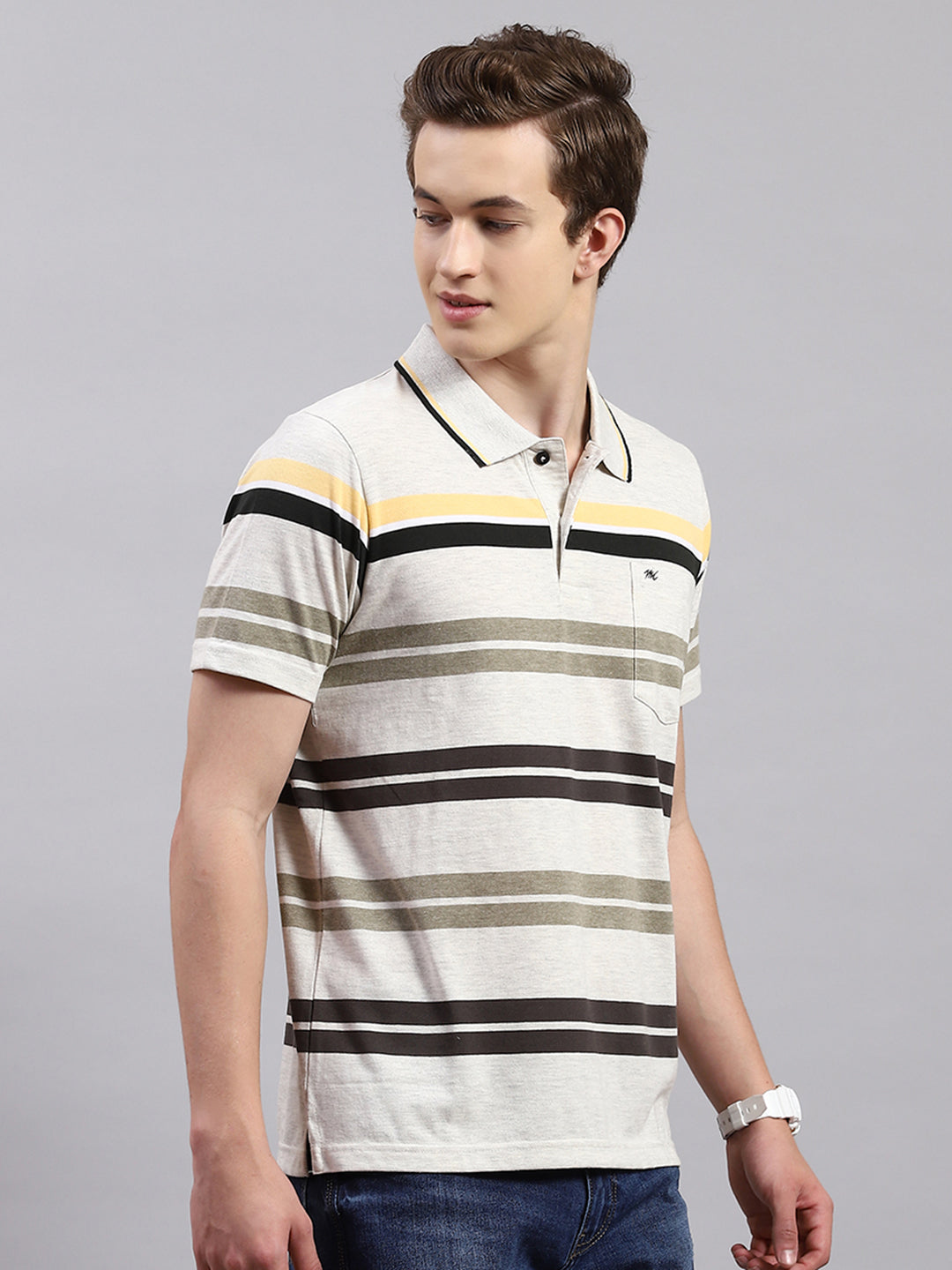 Men Olive Stripe Collar Half Sleeve T-Shirts