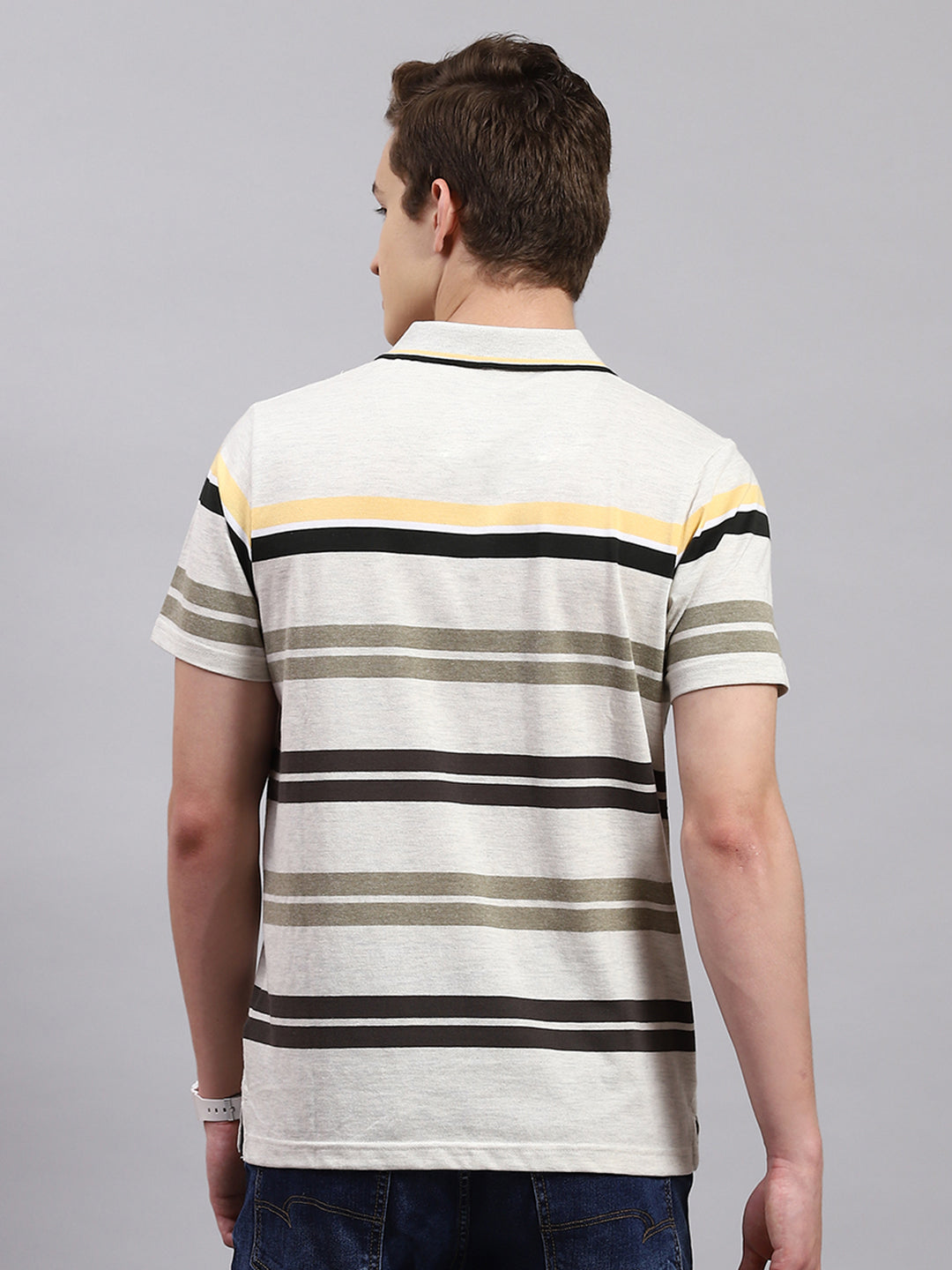 Men Olive Stripe Collar Half Sleeve T-Shirts