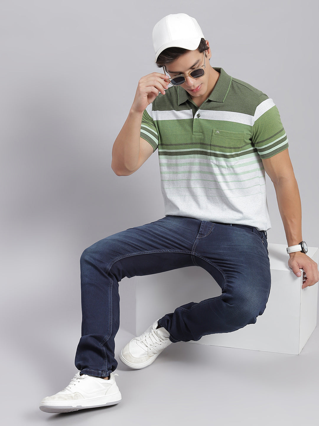 Men Green Stripe Collar Half Sleeve T-Shirts