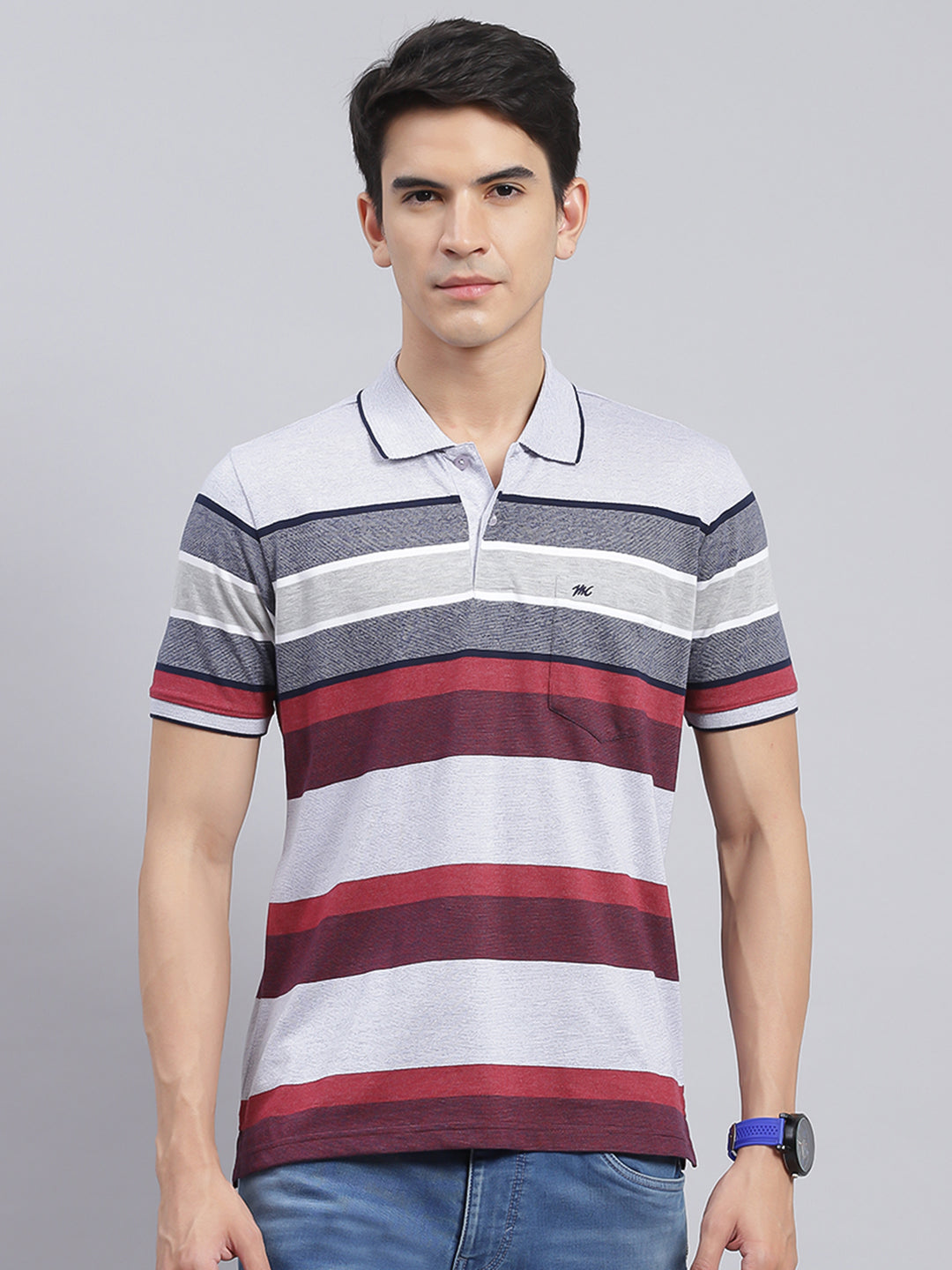 Men Maroon Stripe Cotton Blend T-Shirt