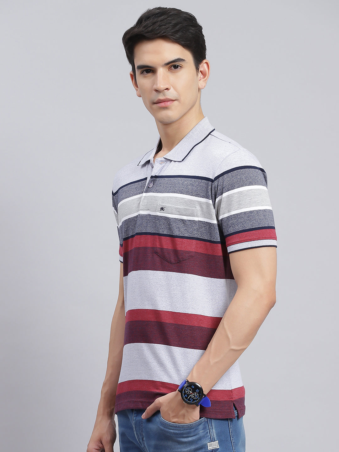 Men Maroon Stripe Cotton Blend T-Shirt