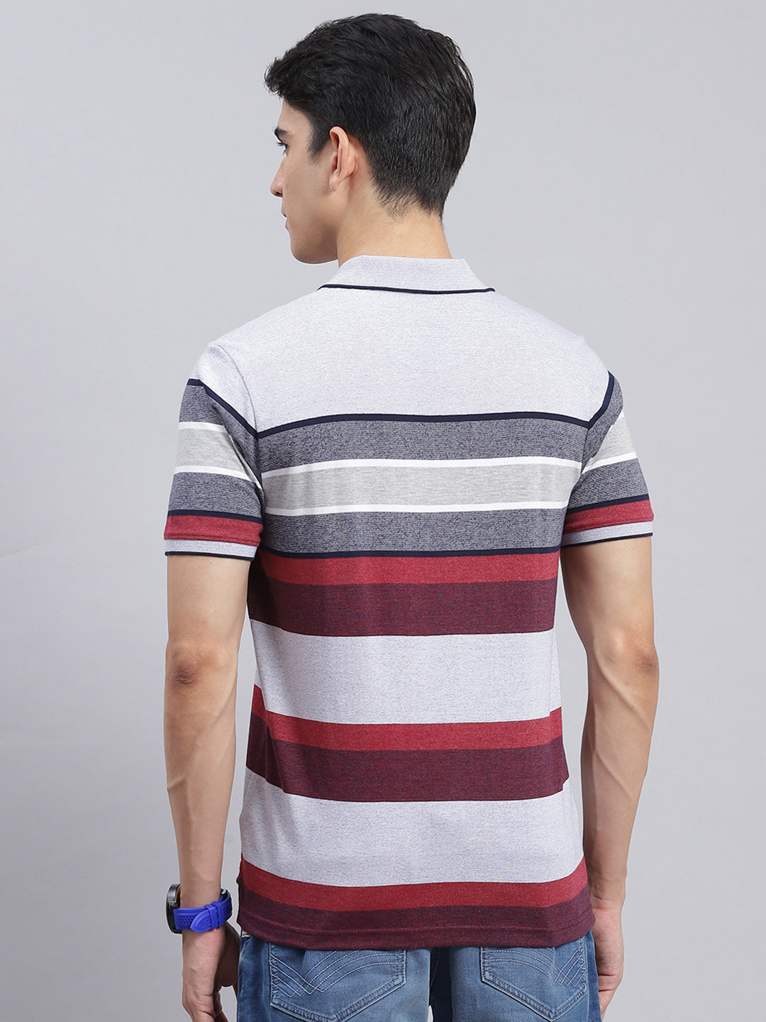 Men Maroon Stripe Cotton Blend T-Shirt