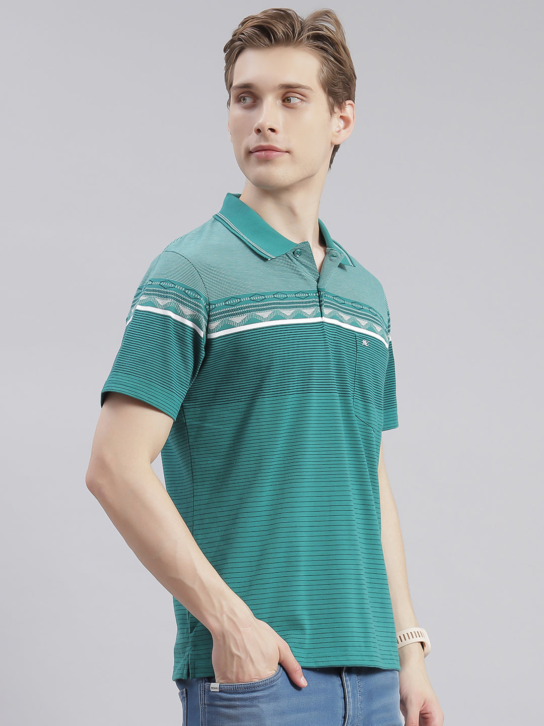 Men Green Stripe Collar Half Sleeve T-Shirts