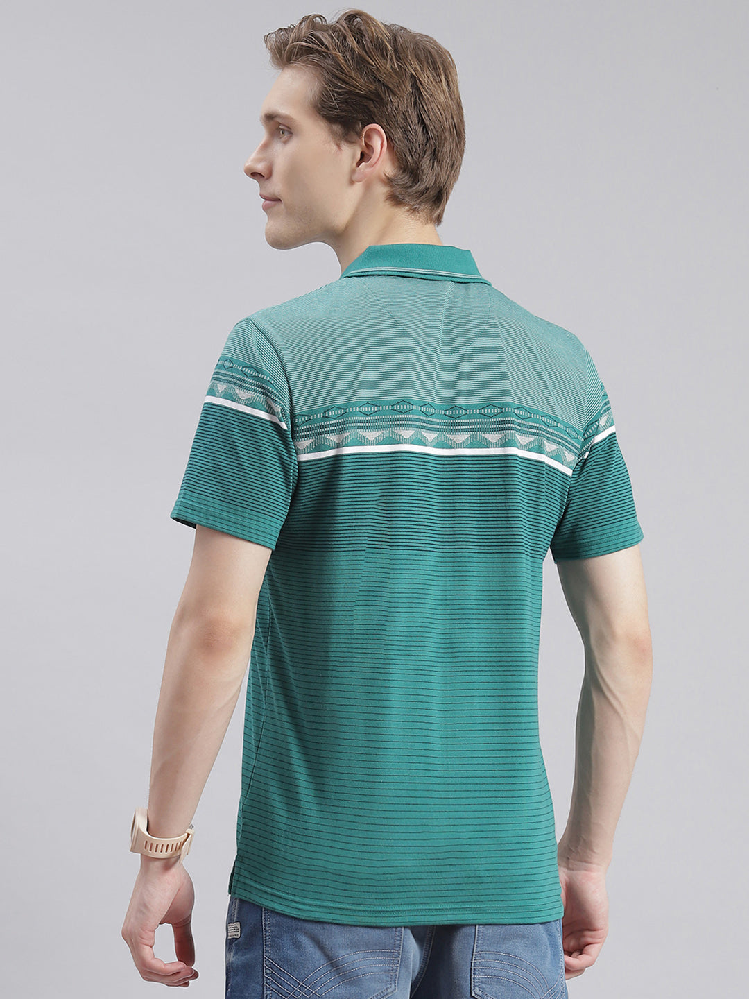 Men Green Stripe Collar Half Sleeve T-Shirts