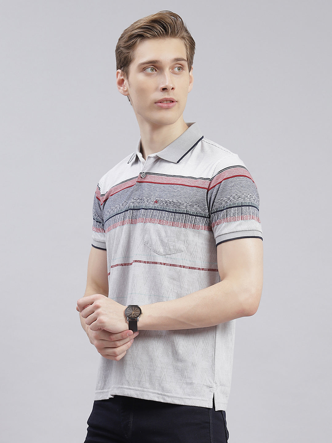 Men Grey Stripe Collar Half Sleeve T-Shirts