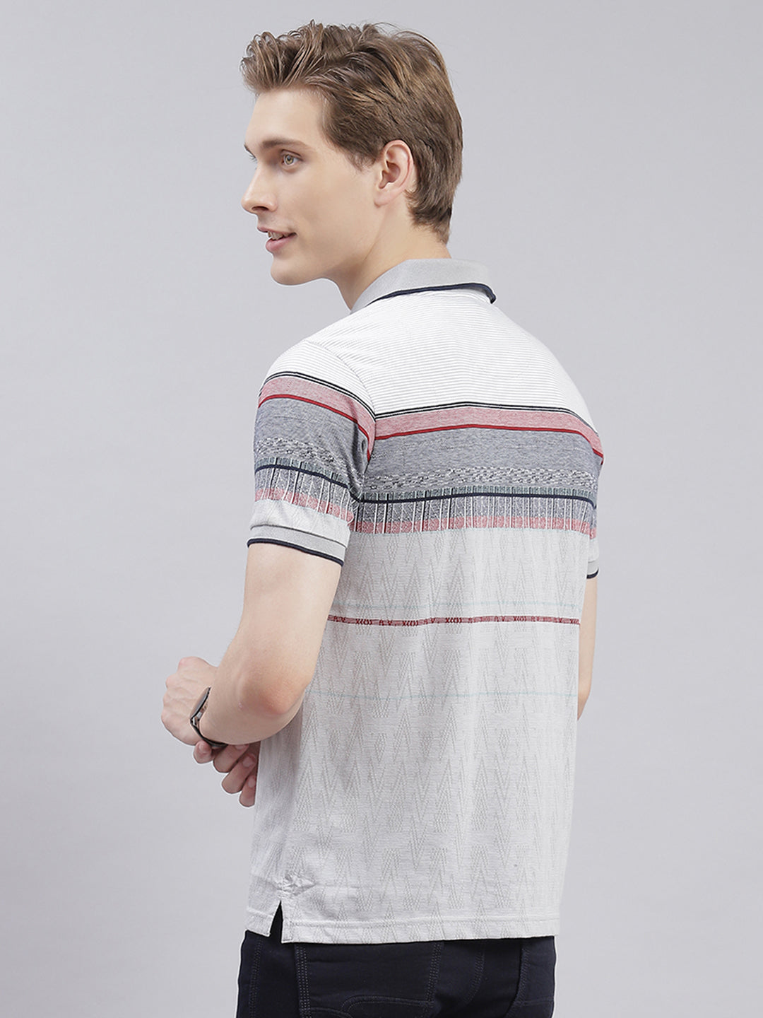 Men Grey Stripe Collar Half Sleeve T-Shirts