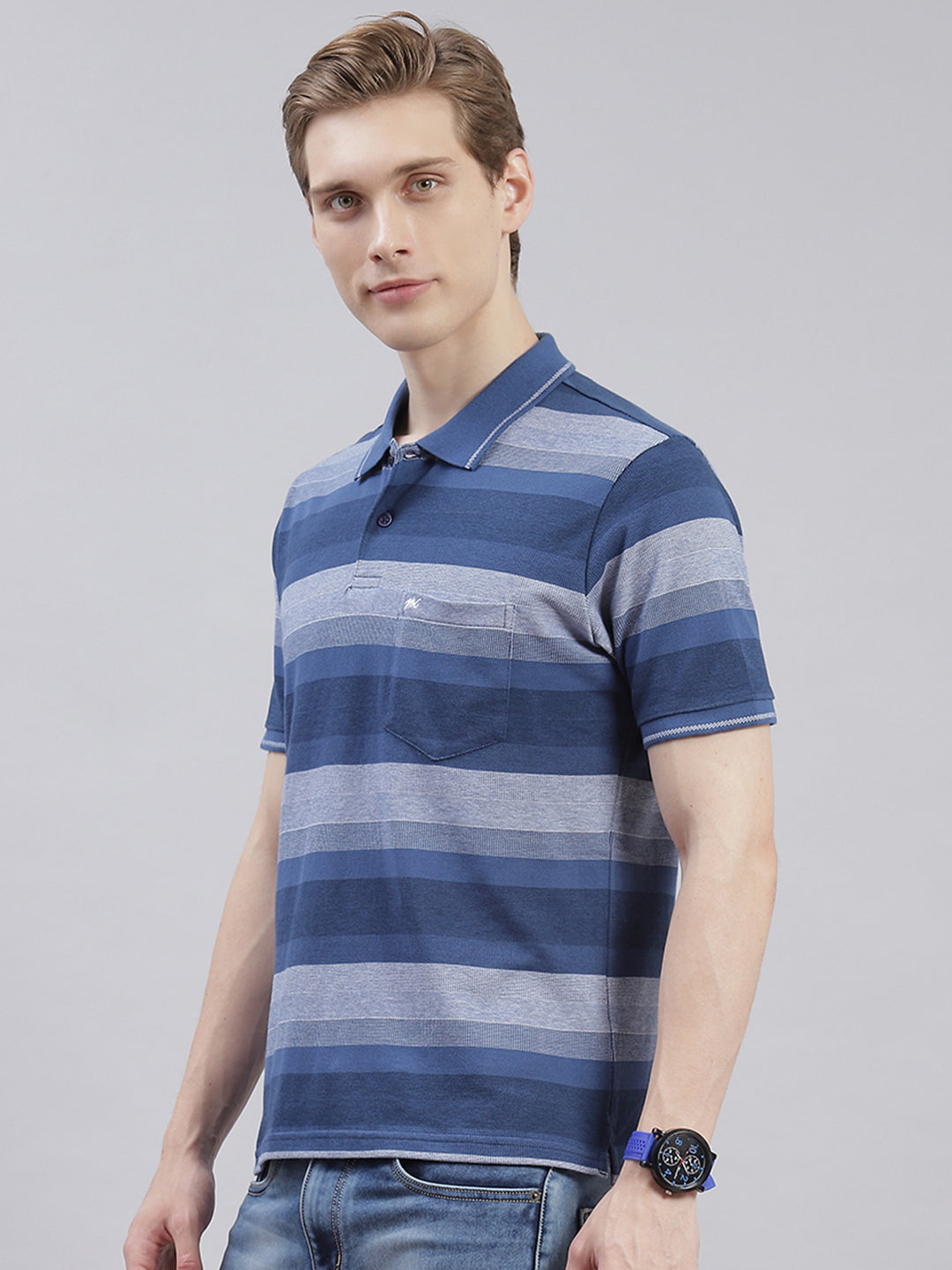 Men Blue Stripe Collar Half Sleeve T-Shirts