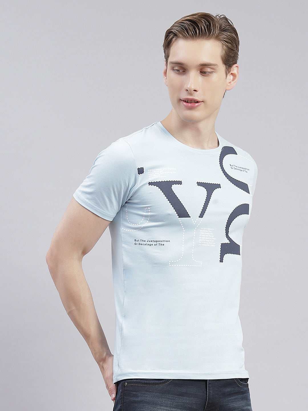 Men Blue Printed Round Neck Half Sleeve T-Shirts