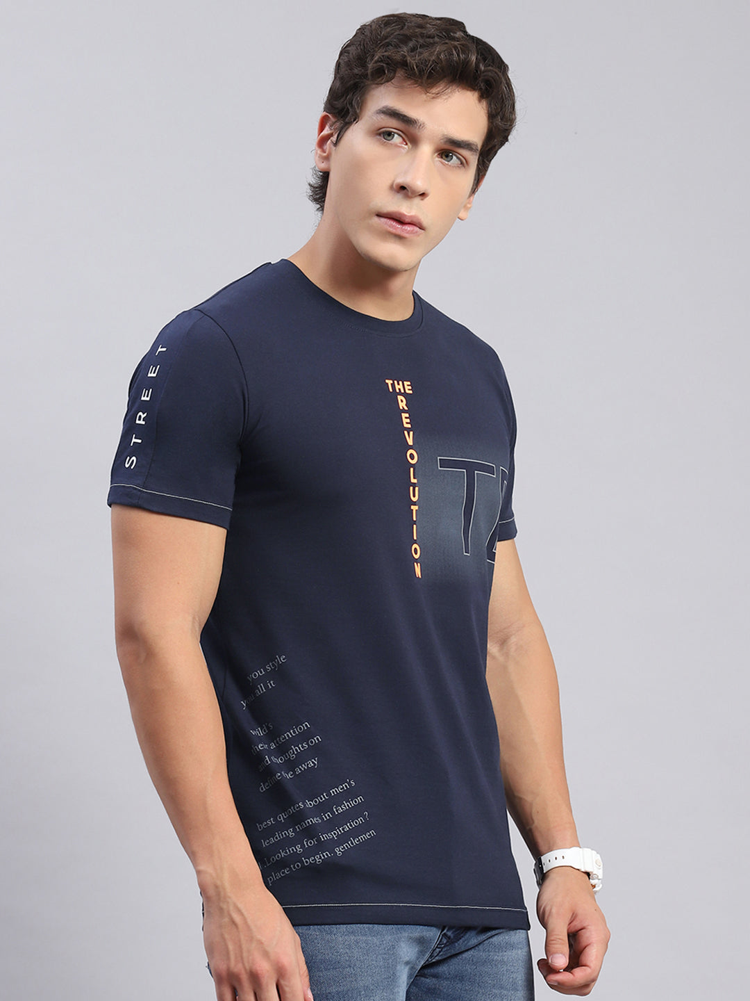 Men Navy Blue Printed Round Neck Half Sleeve T-Shirts