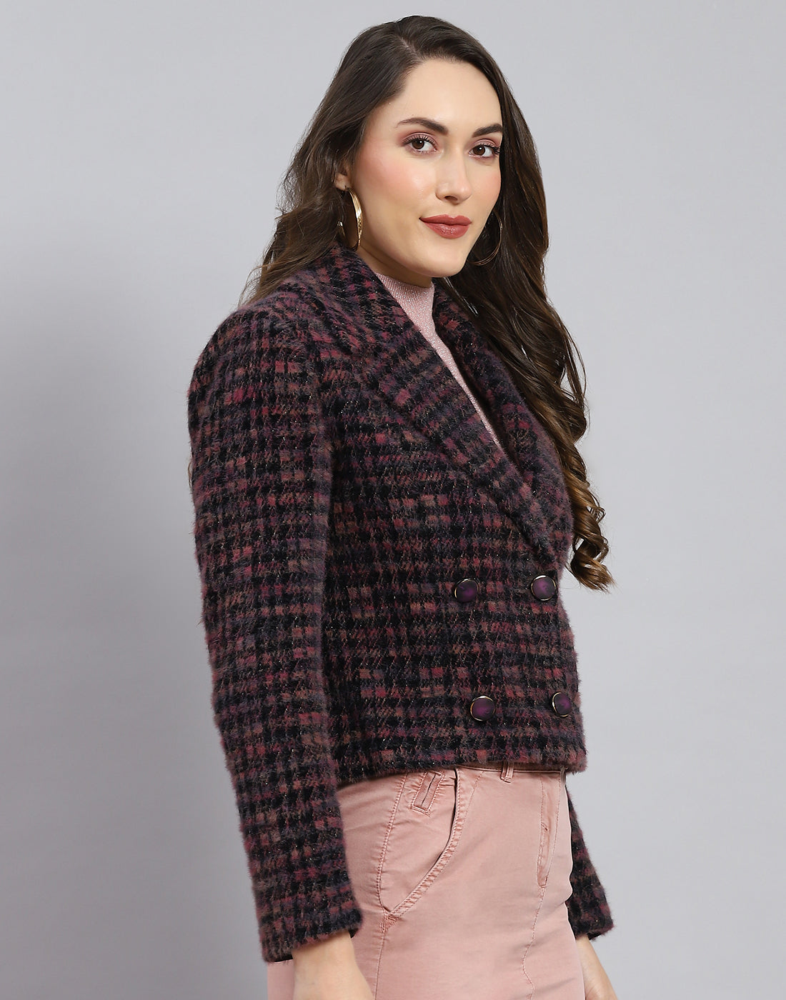 Women Maroon Check Lapel Collar Full Sleeve Coat