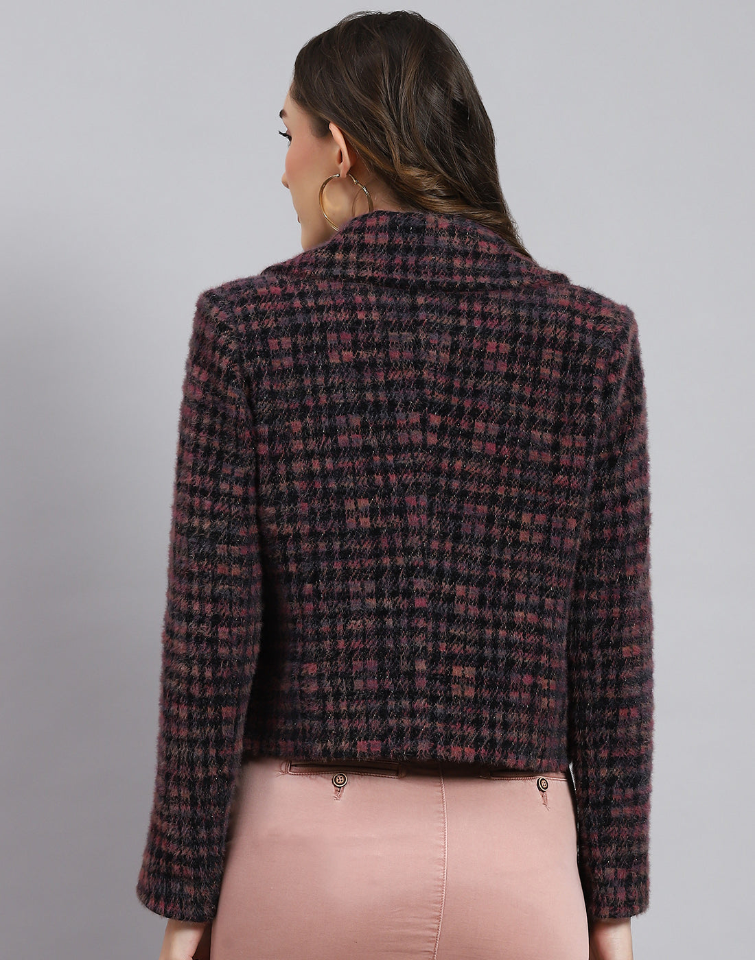 Women Maroon Check Lapel Collar Full Sleeve Coat