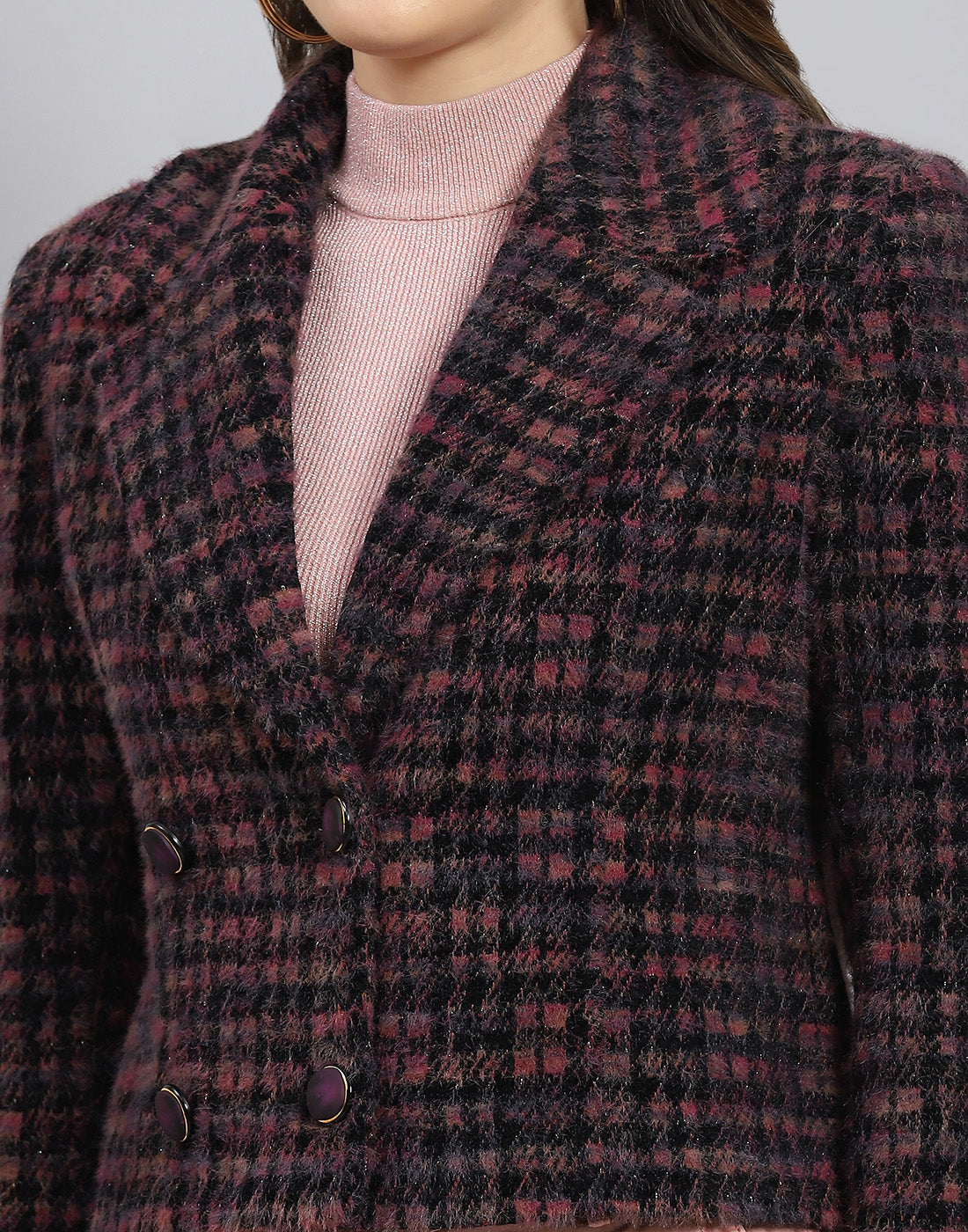 Women Maroon Check Lapel Collar Full Sleeve Coat