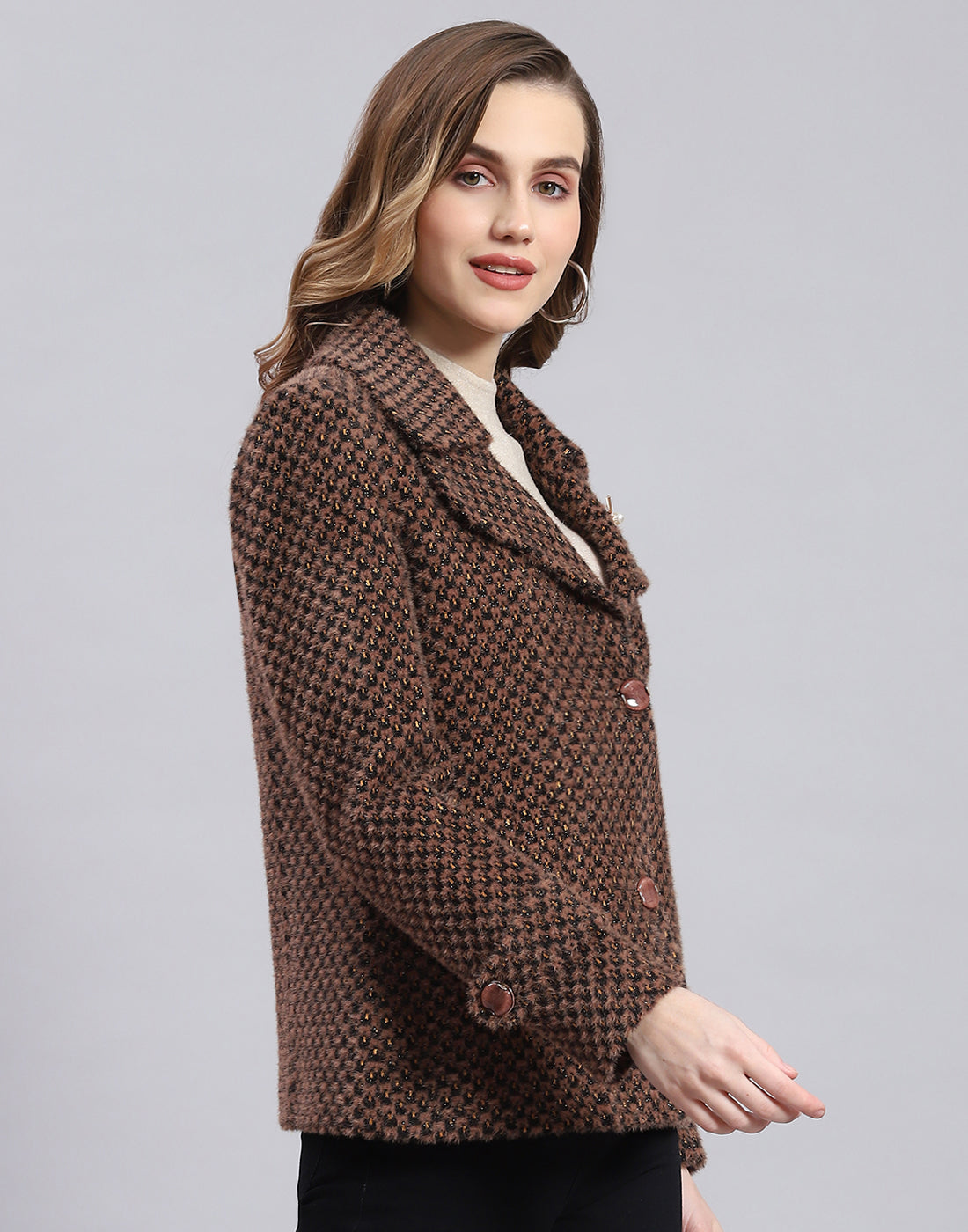 Women Brown Self Design Lapel Collar Full Sleeve Coat