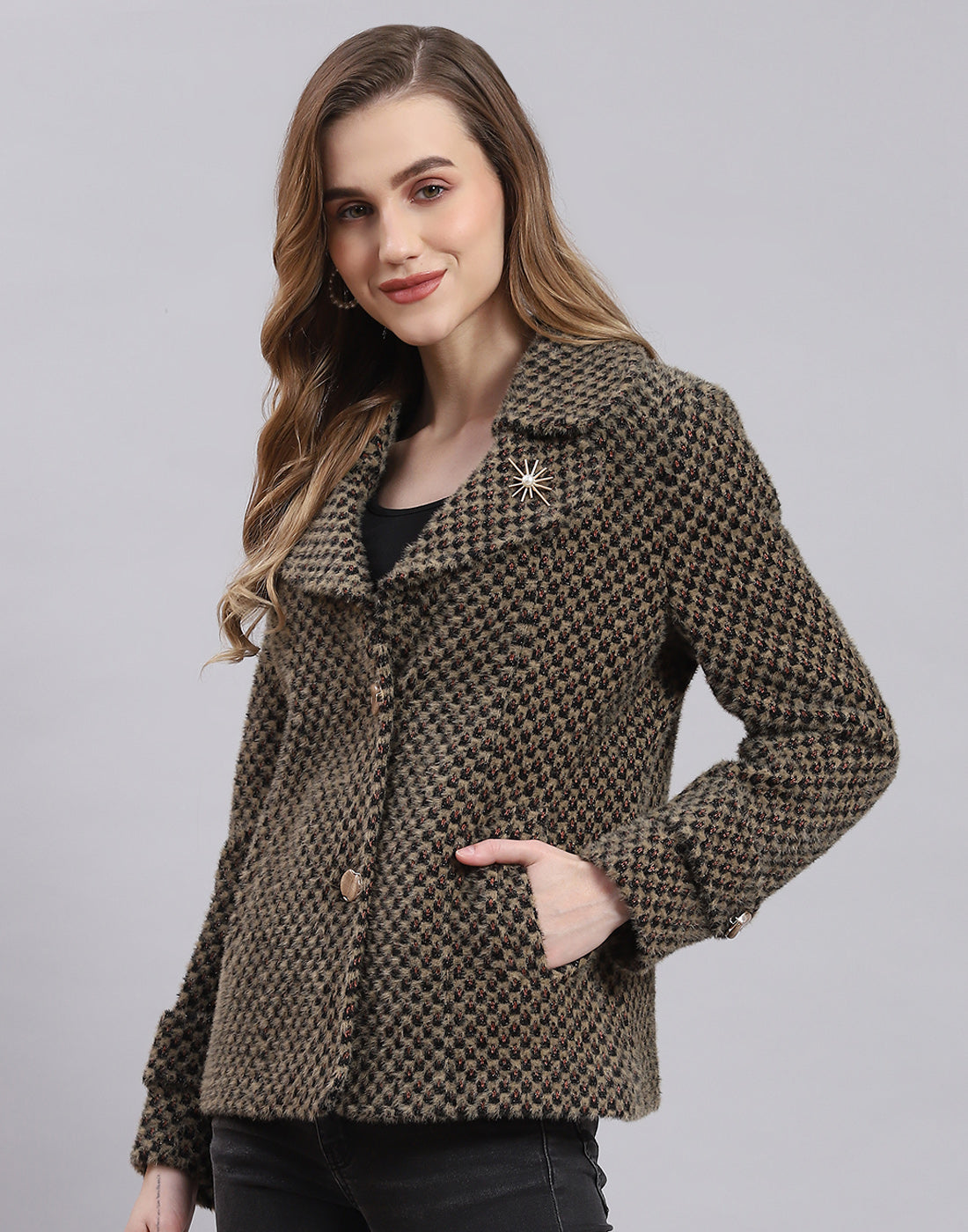 Women Beige Self Design Lapel Collar Full Sleeve Coat