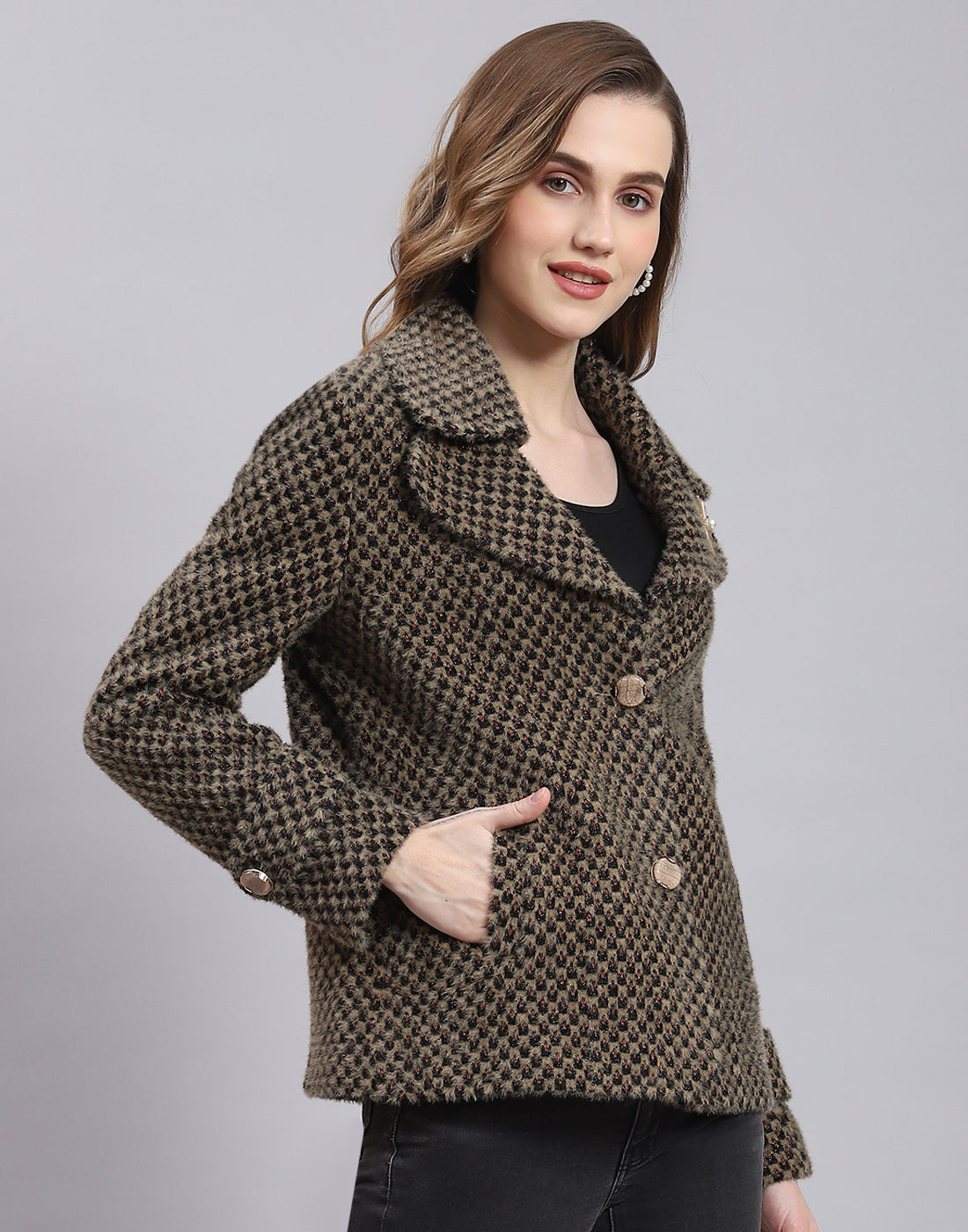 Women Beige Self Design Lapel Collar Full Sleeve Coat