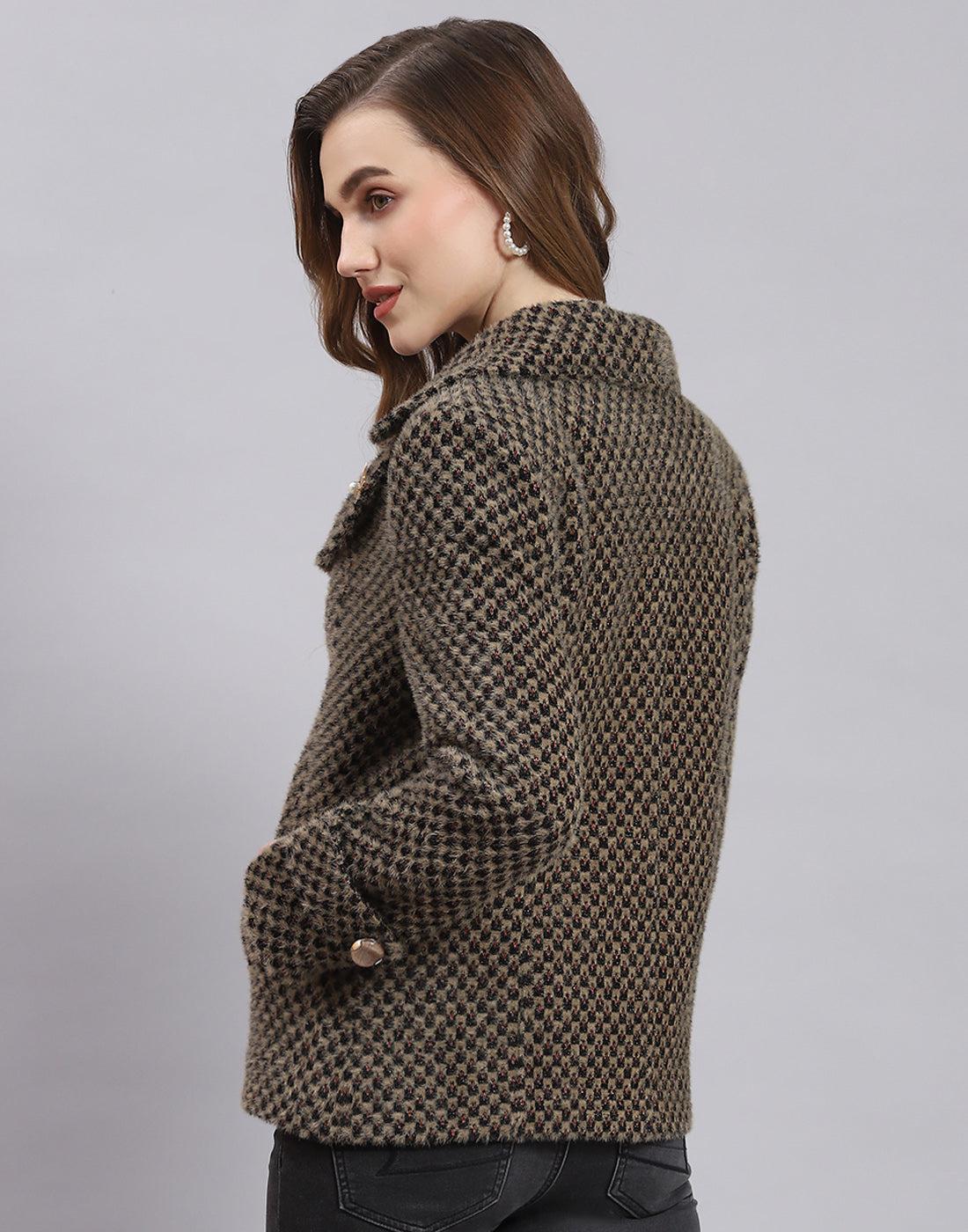 Women Beige Self Design Lapel Collar Full Sleeve Coat