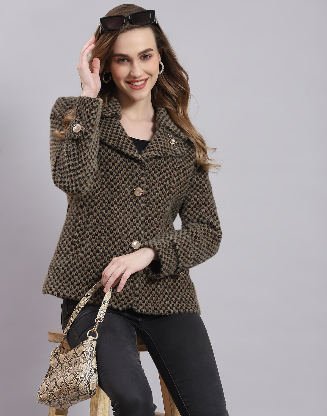 Women Beige Self Design Lapel Collar Full Sleeve Coat