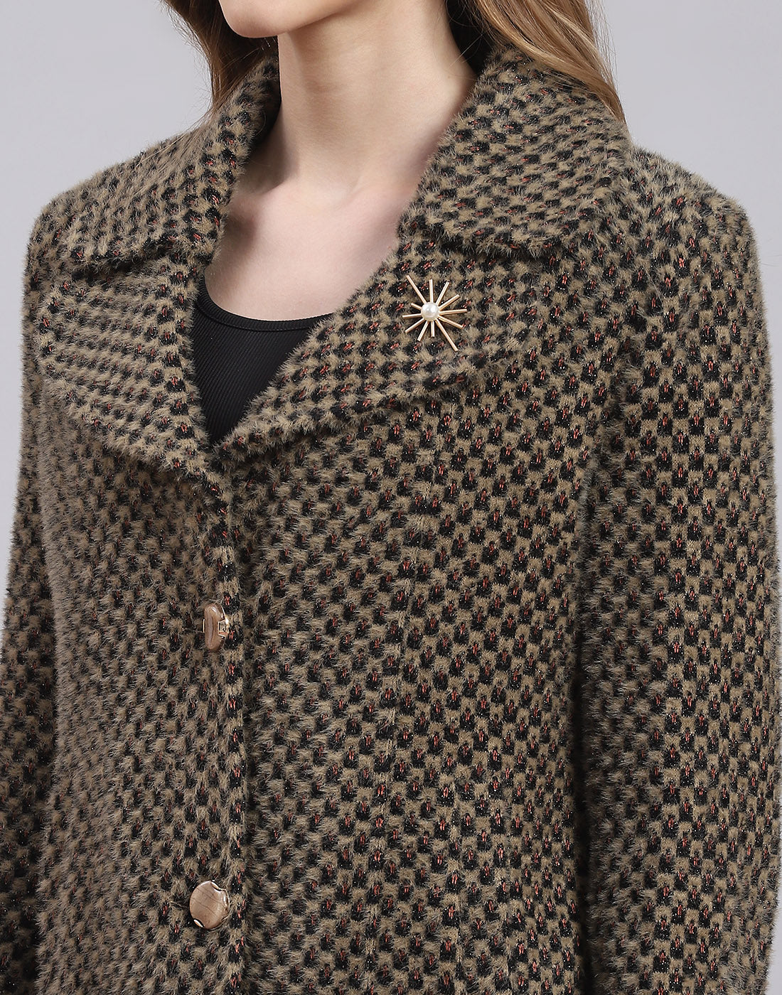 Women Beige Self Design Lapel Collar Full Sleeve Coat