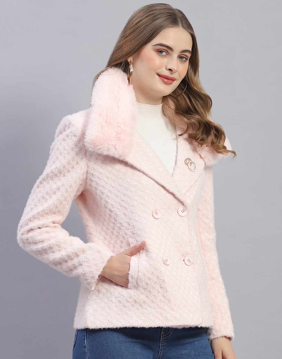 Women Pink Solid Lapel Collar Full Sleeve Coat