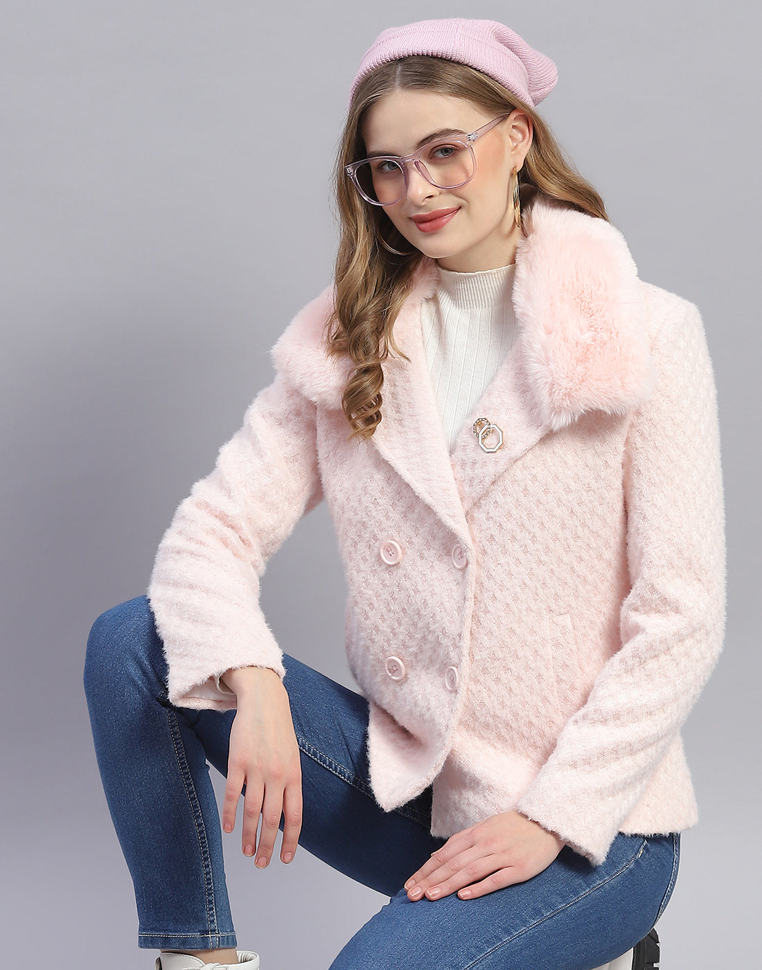 Women Pink Solid Lapel Collar Full Sleeve Coat