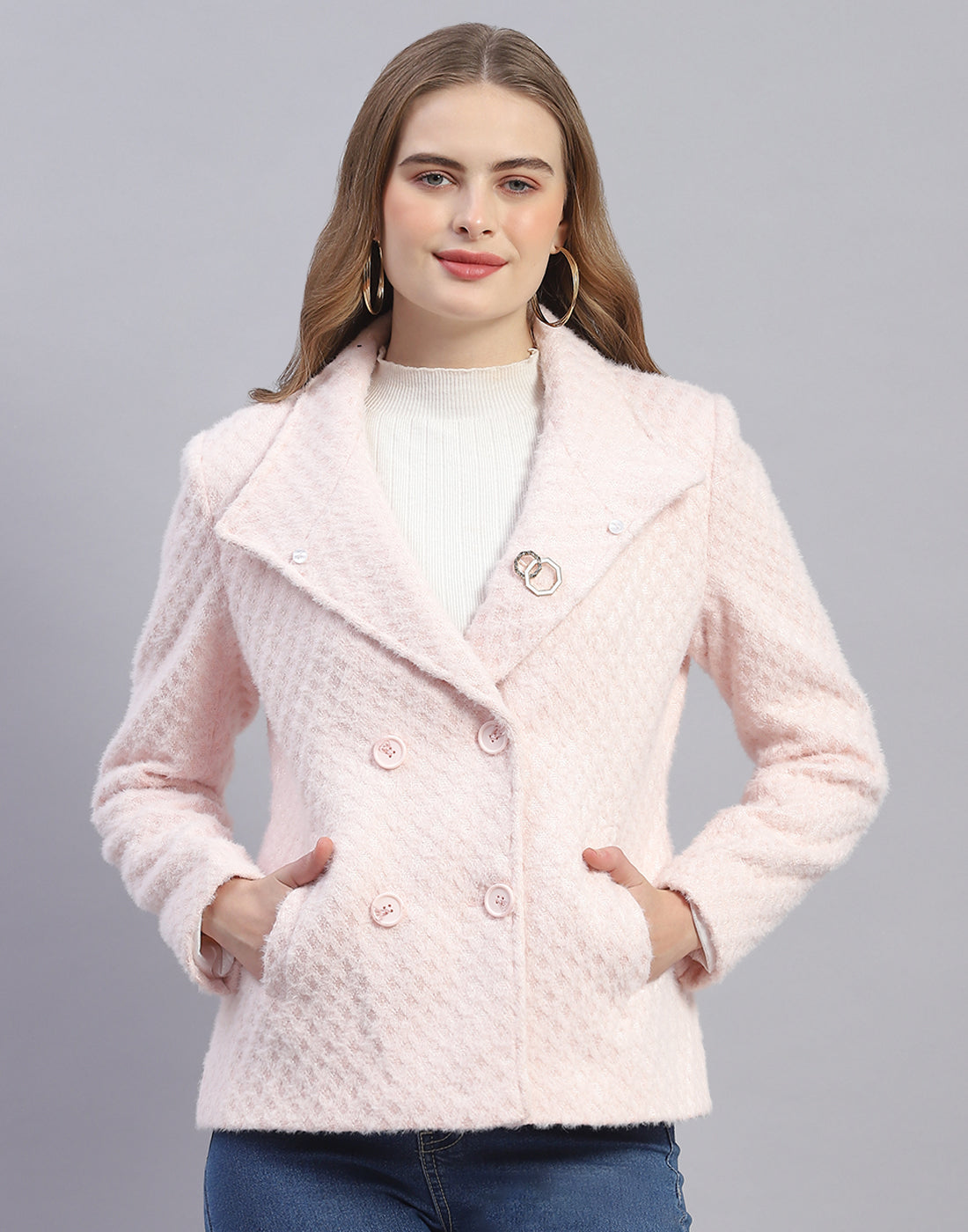 Women Pink Solid Lapel Collar Full Sleeve Coat