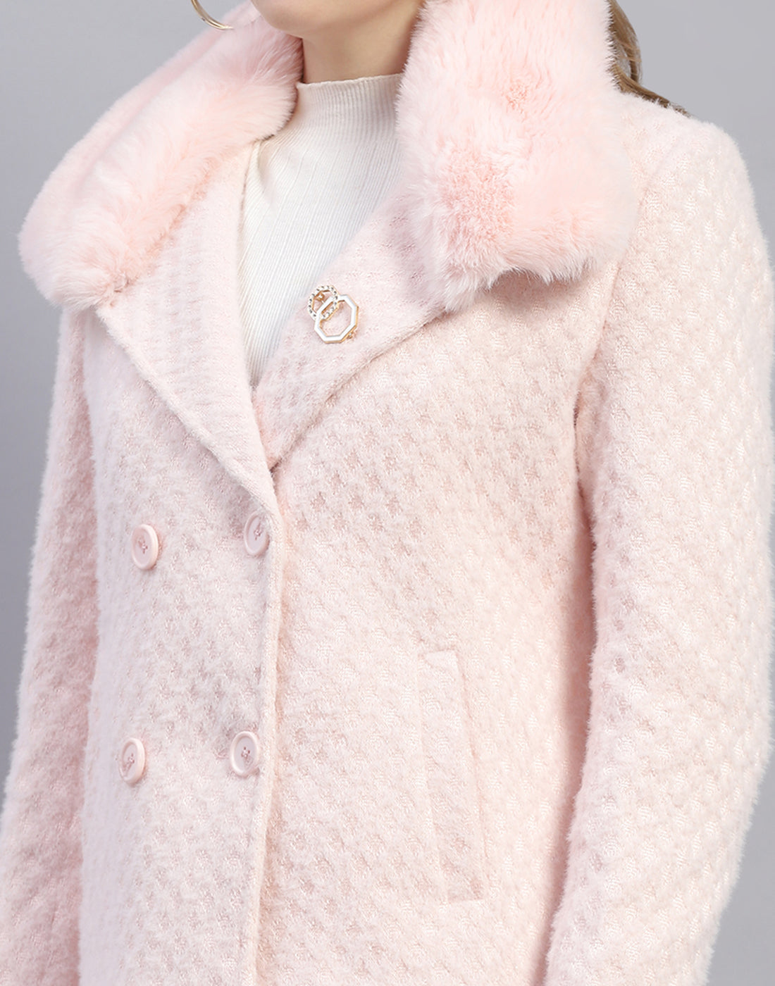 Women Pink Solid Lapel Collar Full Sleeve Coat