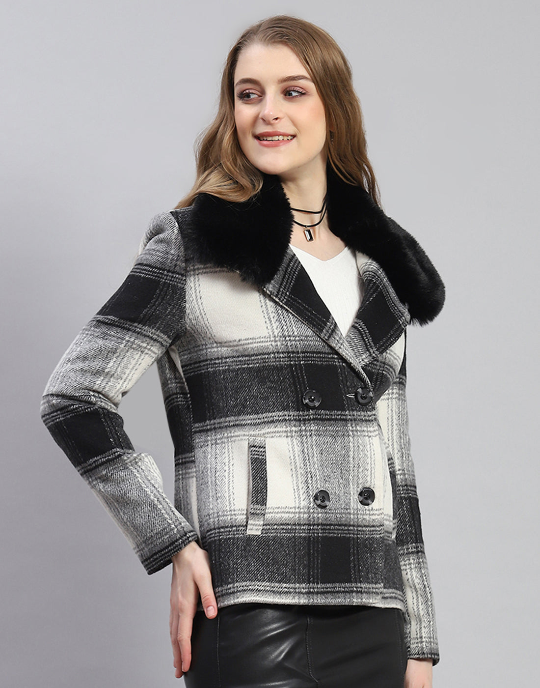 Women Black Check Collar Full Sleeve Coat